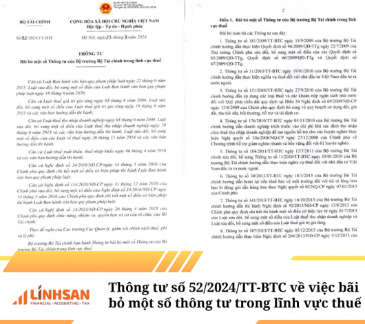 Thông tư số 52/2024/TT-BTC về việc bãi bỏ một số thông tư trong lĩnh vực thuế