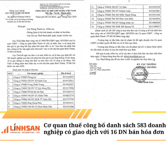 Cơ quan thuế công bố danh sách 583 doanh nghiệp có giao dịch với 16 DN bán hóa đơn