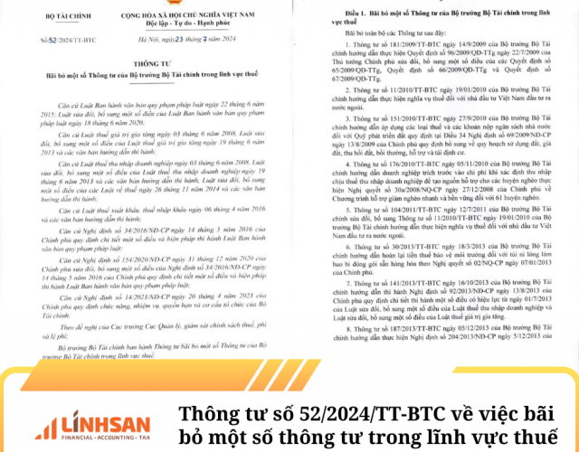 Thông tư số 52/2024/TT-BTC về việc bãi bỏ một số thông tư trong lĩnh vực thuế