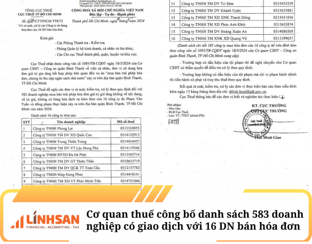 Cơ quan thuế công bố danh sách 583 doanh nghiệp có giao dịch với 16 DN bán hóa đơn