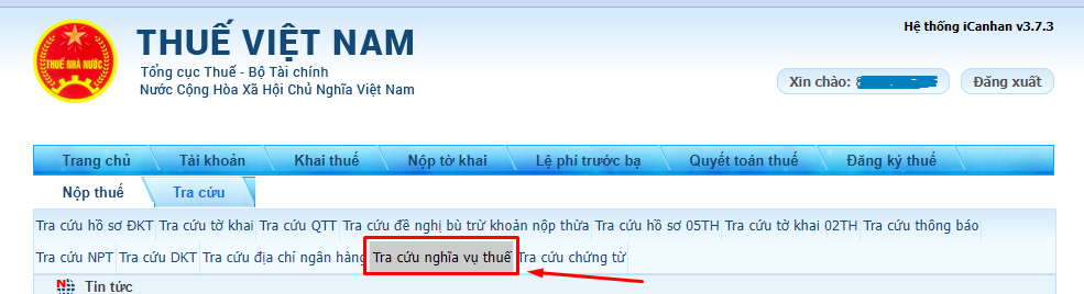 B6: Tiếp theo, chọn “Tra cứu nghĩa vụ thuế”  