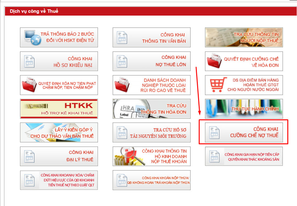 B2: Chọn mục "công khai cưỡng chế nợ thuế"