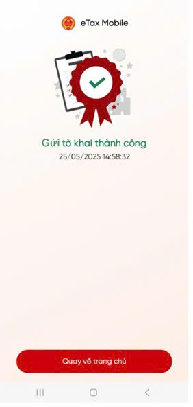 Hệ thống báo gởi tờ khai thành công