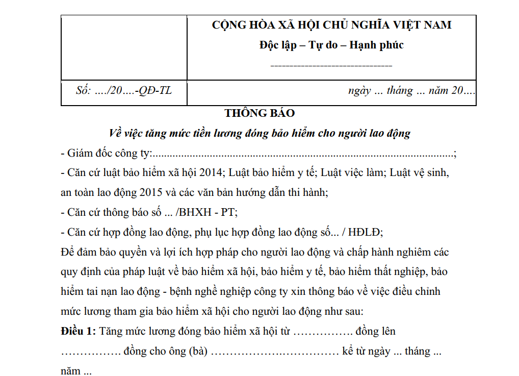 Mẫu thông báo tăng mức lượng BHXH